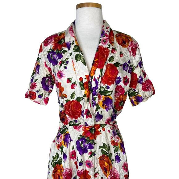 Vintage 80s Silk Floral Faux Wrap Midi Shirt Dress Oleg Cassini Womens Size 6 - Picture 3 of 7